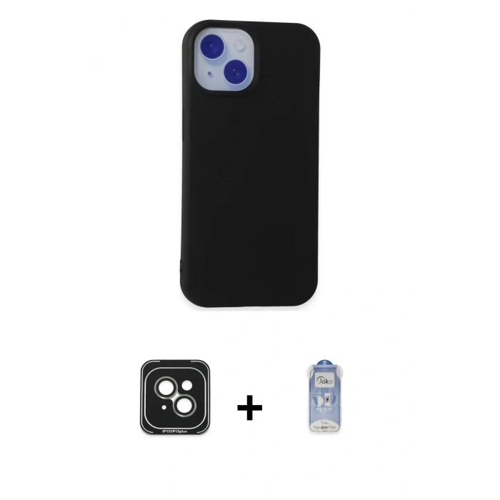 MARSİLYAN™- iPhone 15 Kılıf Ahenk Serisi - Siyah Joko Magic 5D Cam + PVD Metal Kamera Lens - YL