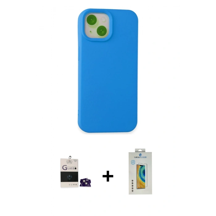 MARSİLYAN™- iPhone 15 Kılıf Ahenk Serisi - Siyah Polymer Nano Ekran Koruyucu + Pembe Bilvis Titan Kamera Lens