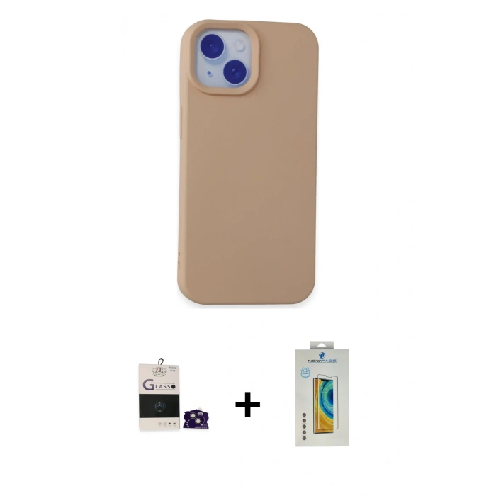 MARSİLYAN™- iPhone 15 Kılıf Ahenk Serisi - Siyah Polymer Nano Ekran Koruyucu + Pembe Bilvis Titan Kamera Lens