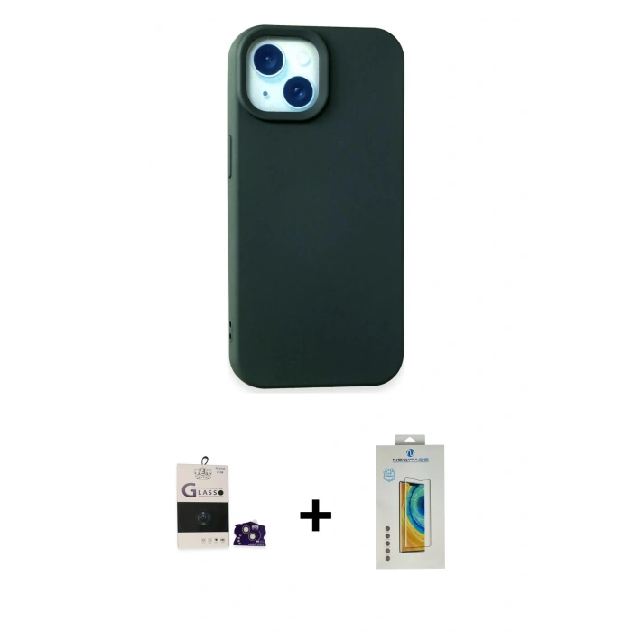 MARSİLYAN™- iPhone 15 Kılıf Ahenk Serisi - Siyah Polymer Nano Ekran Koruyucu + Pembe Bilvis Titan Kamera Lens