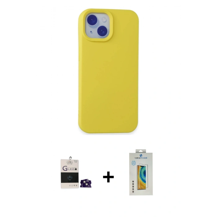 MARSİLYAN™- iPhone 15 Kılıf Ahenk Serisi - Siyah Polymer Nano Ekran Koruyucu + Pembe Bilvis Titan Kamera Lens