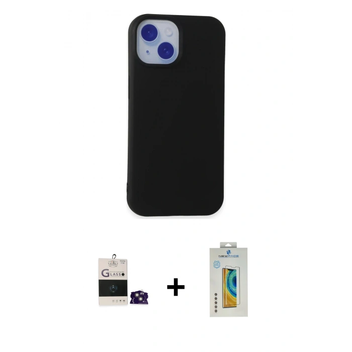 MARSİLYAN™- iPhone 15 Kılıf Ahenk Serisi - Siyah Polymer Nano Ekran Koruyucu + Pembe Bilvis Titan Kamera Lens
