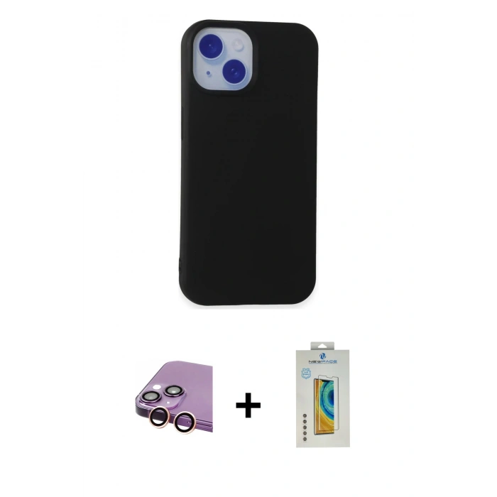 MARSİLYAN™- iPhone 15 Kılıf Ahenk Serisi - Siyah Polymer Nano Ekran Koruyucu + Raze Metal Kamera Lens - PE