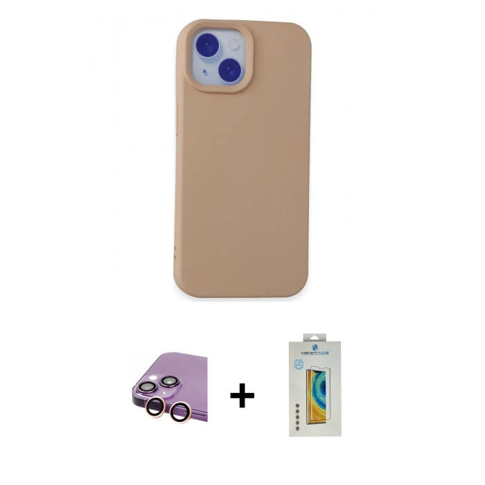 MARSİLYAN™- iPhone 15 Kılıf Ahenk Serisi - Siyah Polymer Nano Ekran Koruyucu + Raze Metal Kamera Lens - PE
