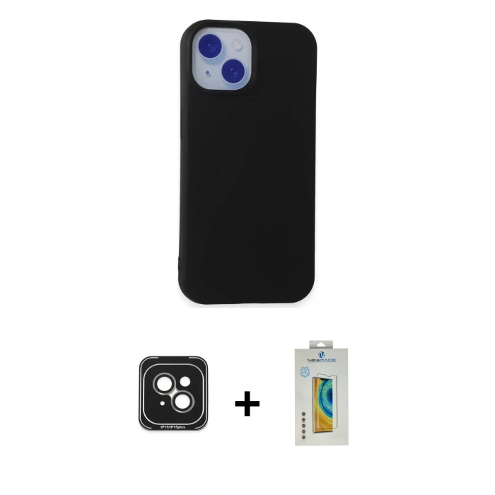 MARSİLYAN™- iPhone 15 Kılıf Ahenk Serisi - Siyah Polymer Nano Ekran Koruyucu + PVD Metal Kamera Lens - YL