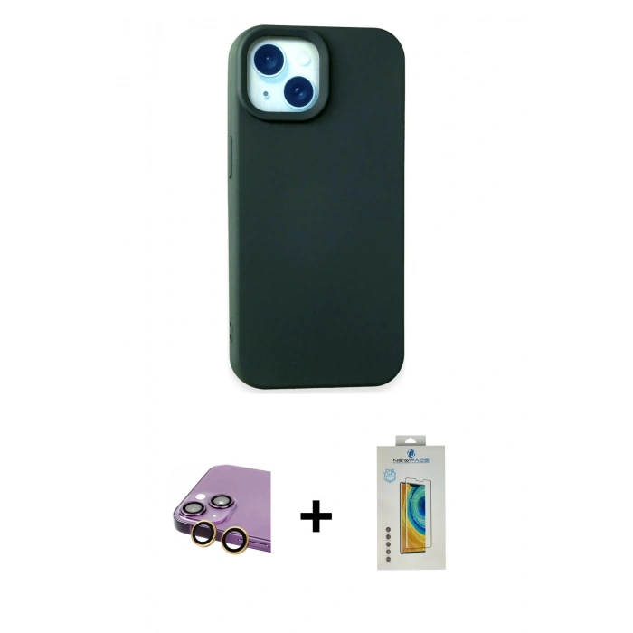 MARSİLYAN™- iPhone 15 Kılıf Ahenk Serisi - Siyah Polymer Nano Ekran Koruyucu + Raze Metal Kamera Lens - SI