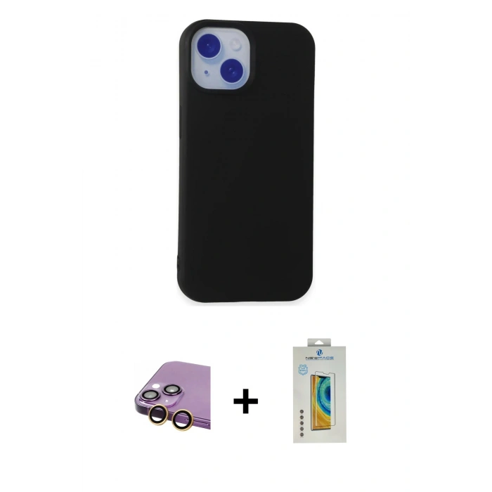 MARSİLYAN™- iPhone 15 Kılıf Ahenk Serisi - Siyah Polymer Nano Ekran Koruyucu + Raze Metal Kamera Lens - SI