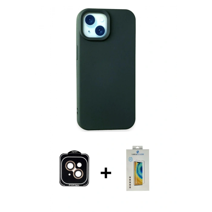 MARSİLYAN™- iPhone 15 Kılıf Ahenk Serisi - Siyah Polymer Nano Ekran Koruyucu + PVD Metal Kamera Lens - TU