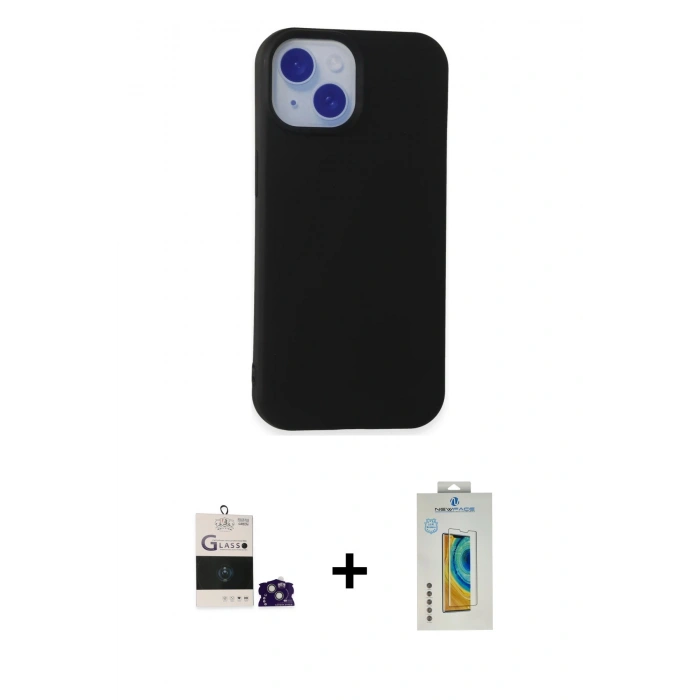 MARSİLYAN™- iPhone 15 Kılıf Ahenk Serisi - Siyah Polymer Nano Ekran Koruyucu + Bilvis Titan Kamera Lens - YL