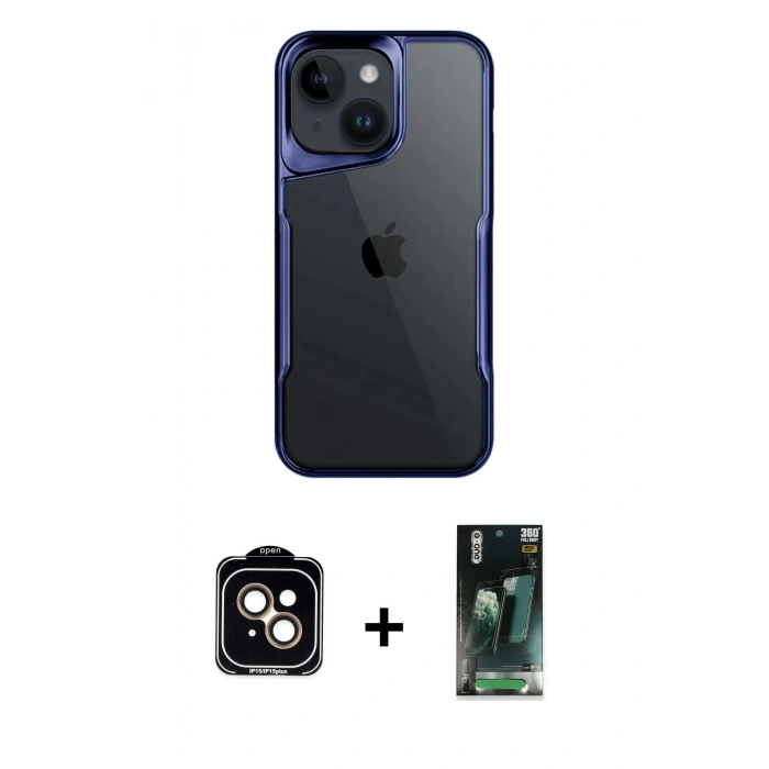 MARSİLYAN™- iPhone 15 Kılıf Akış Çizgi Koleksiyonu - Şeffaf 360 Full Body Arka Koruyucu + PVD Metal Kamera Lens - TU