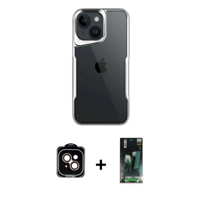 MARSİLYAN™- iPhone 15 Kılıf Akış Çizgi Koleksiyonu - Şeffaf 360 Full Body Arka Koruyucu + PVD Metal Kamera Lens - TU