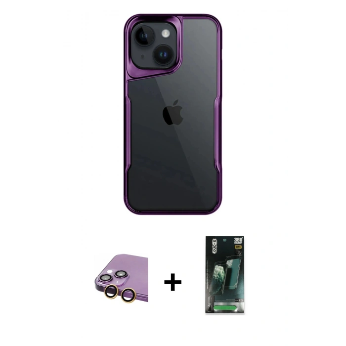 MARSİLYAN™- iPhone 15 Kılıf Akış Çizgi Koleksiyonu - Şeffaf 360 Full Body Arka Koruyucu + Raze Metal Kamera Lens - SI