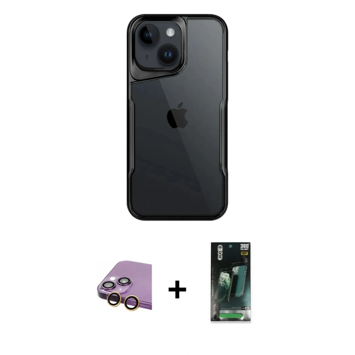 MARSİLYAN™- iPhone 15 Kılıf Akış Çizgi Koleksiyonu - Şeffaf 360 Full Body Arka Koruyucu + Raze Metal Kamera Lens - SI