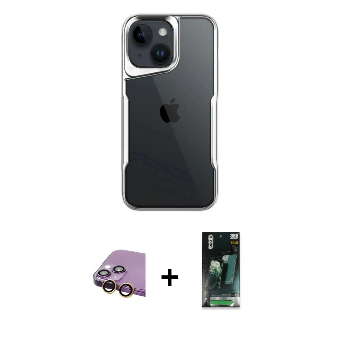 MARSİLYAN™- iPhone 15 Kılıf Akış Çizgi Koleksiyonu - Şeffaf 360 Full Body Arka Koruyucu + Raze Metal Kamera Lens - SI