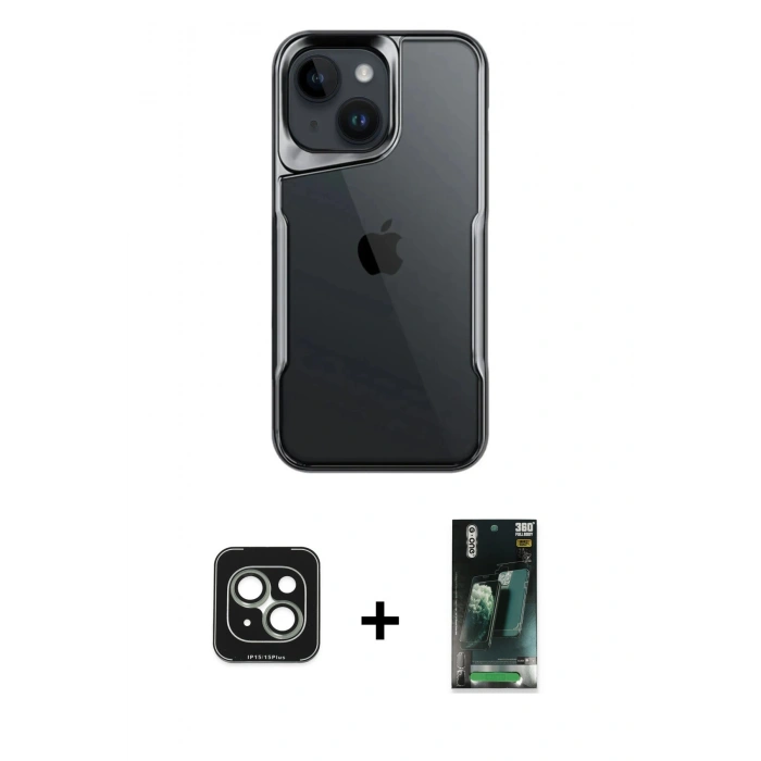 MARSİLYAN™- iPhone 15 Kılıf Akış Çizgi Koleksiyonu - Şeffaf 360 Full Body Arka Koruyucu + PVD Metal Kamera Lens - YL