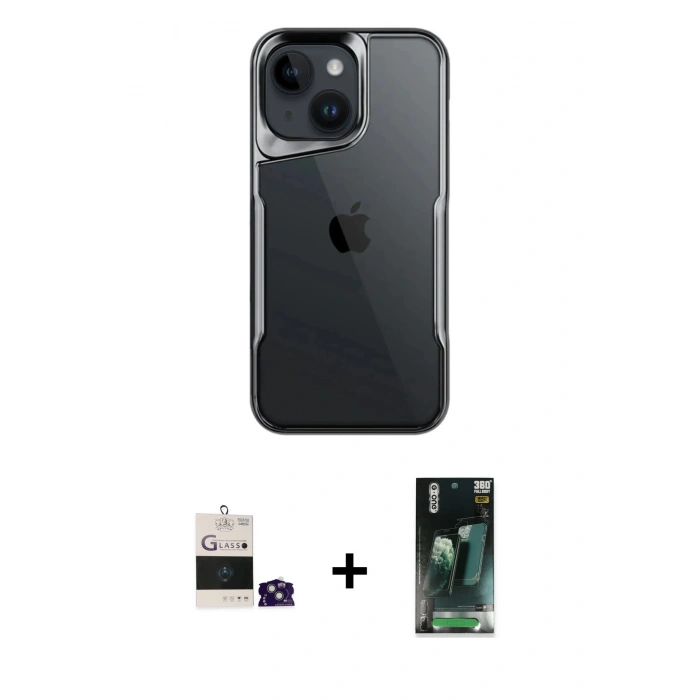 MARSİLYAN™- iPhone 15 Kılıf Akış Çizgi Koleksiyonu - Siyah 360 Mat Full Body Arka Koruyucu + Bilvis Titan Kamera Lens - YL