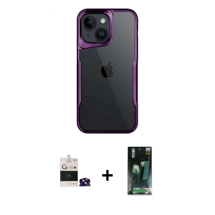 MARSİLYAN™- iPhone 15 Kılıf Akış Çizgi Koleksiyonu - Siyah 360 Mat Full Body Arka Koruyucu + Bilvis Titan Kamera Lens - YL