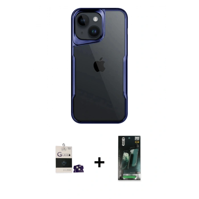 MARSİLYAN™- iPhone 15 Kılıf Akış Çizgi Koleksiyonu - Siyah 360 Mat Full Body Arka Koruyucu + Bilvis Titan Kamera Lens - YL