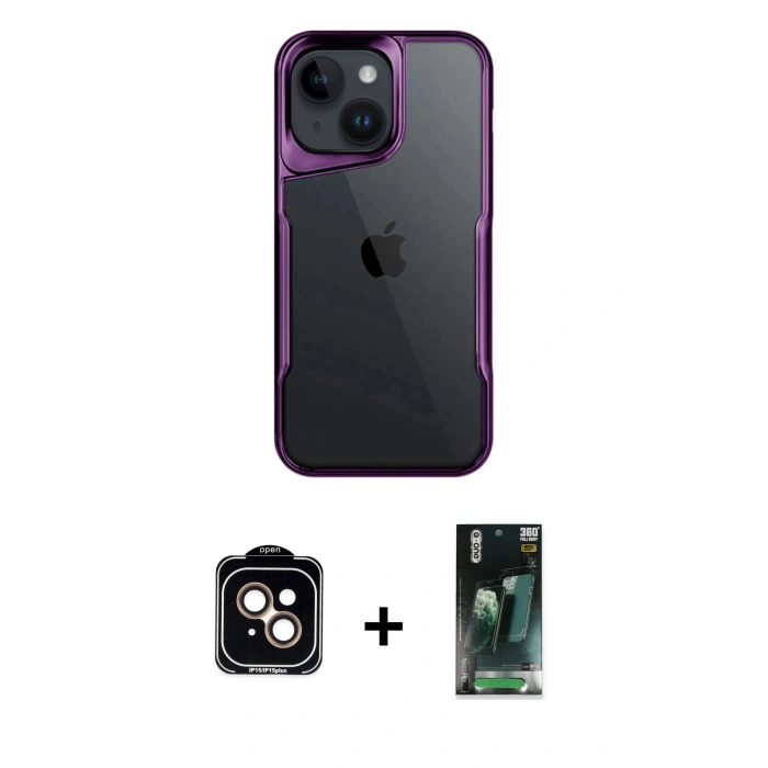 MARSİLYAN™- iPhone 15 Kılıf Akış Çizgi Koleksiyonu - Siyah 360 Mat Full Body Arka Koruyucu + Turuncu PVD Metal Kamera Lens