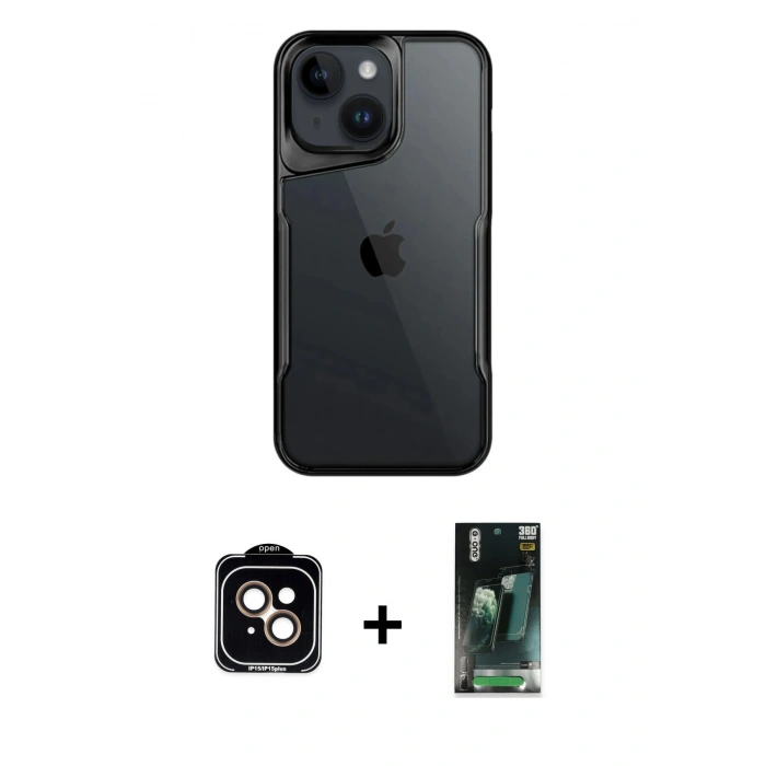 MARSİLYAN™- iPhone 15 Kılıf Akış Çizgi Koleksiyonu - Siyah 360 Mat Full Body Arka Koruyucu + Turuncu PVD Metal Kamera Lens