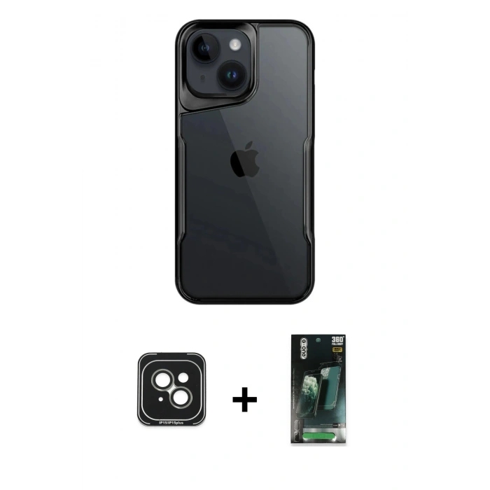 MARSİLYAN™- iPhone 15 Kılıf Akış Çizgi Koleksiyonu - Siyah 360 Mat Full Body Arka Koruyucu + PVD Metal Kamera Lens - YL