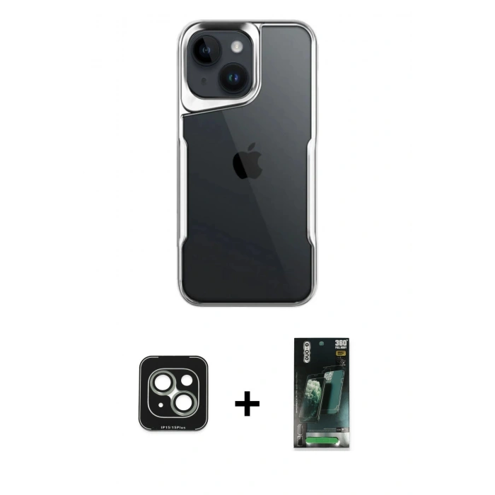 MARSİLYAN™- iPhone 15 Kılıf Akış Çizgi Koleksiyonu - Siyah 360 Mat Full Body Arka Koruyucu + PVD Metal Kamera Lens - YL