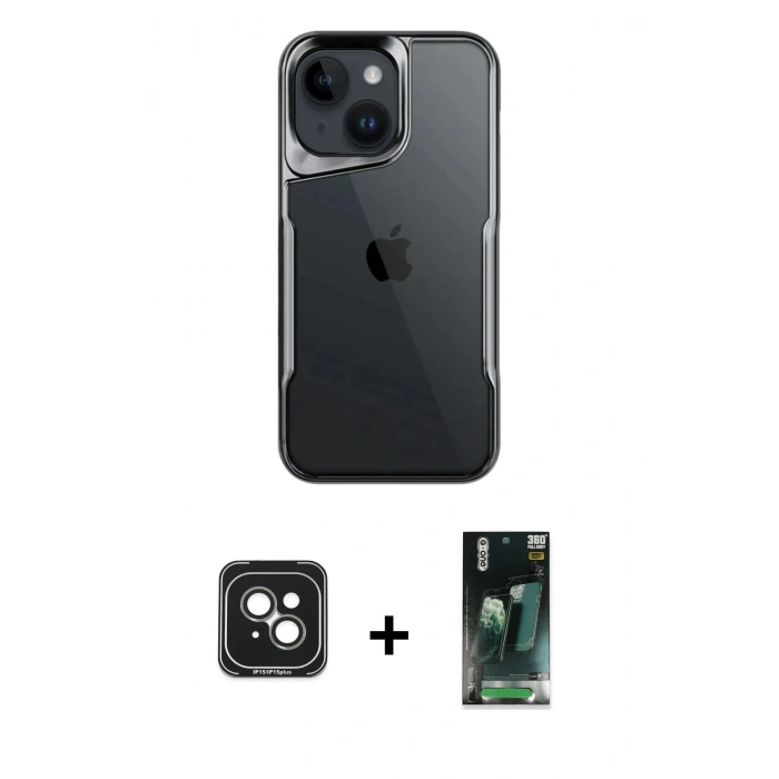 MARSİLYAN™- iPhone 15 Kılıf Akış Çizgi Koleksiyonu - Siyah 360 Mat Full Body Arka Koruyucu + PVD Metal Kamera Lens - YL