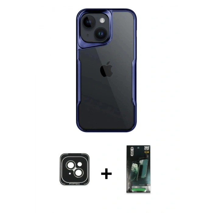 MARSİLYAN™- iPhone 15 Kılıf Akış Çizgi Koleksiyonu - Siyah 360 Mat Full Body Arka Koruyucu + PVD Metal Kamera Lens - YL