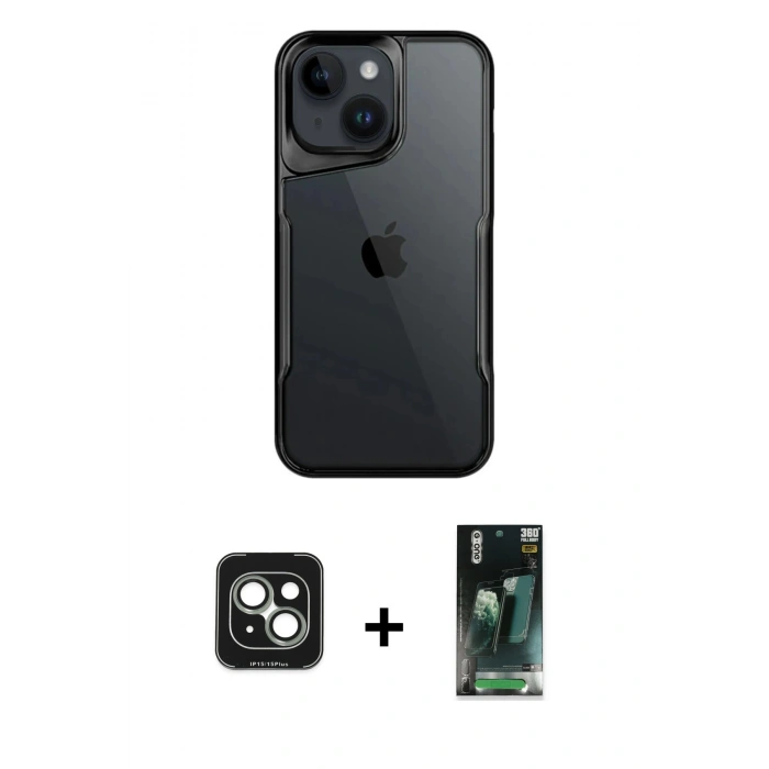 MARSİLYAN™- iPhone 15 Kılıf Akış Çizgi Koleksiyonu - Siyah 360 Mat Full Body Arka Koruyucu + PVD Metal Kamera Lens - YL