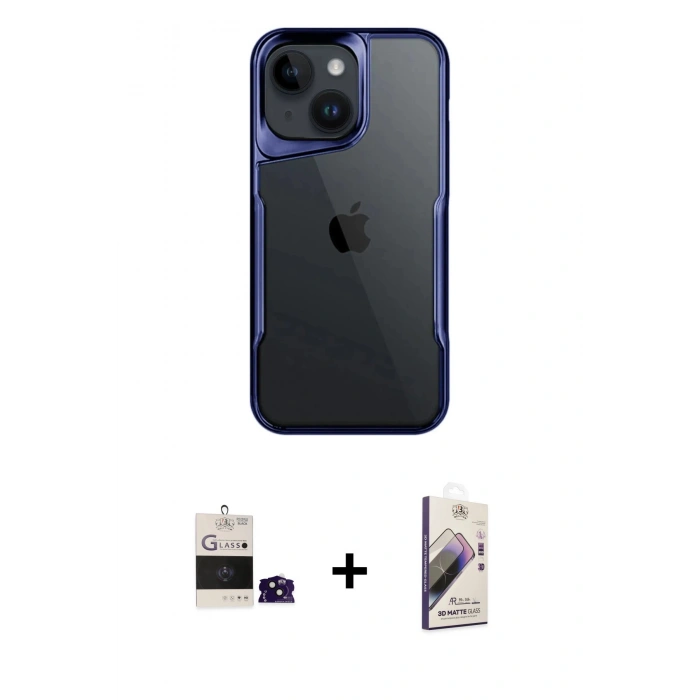 MARSİLYAN™- iPhone 15 Kılıf Akış Çizgi Koleksiyonu - Siyah Bilvis 3D Mat Cam Ekran Koruyucu + Bilvis Titan Kamera Lens - SH