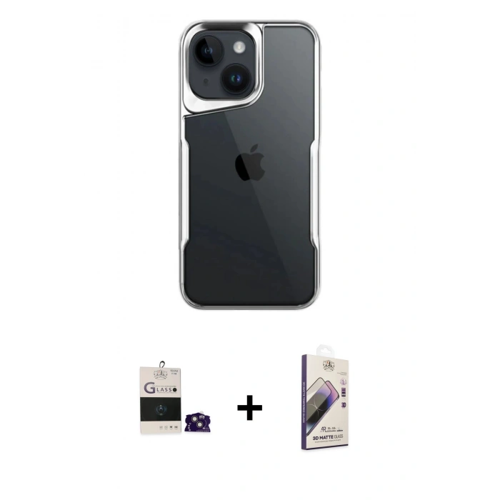 MARSİLYAN™- iPhone 15 Kılıf Akış Çizgi Koleksiyonu - Siyah Bilvis 3D Mat Cam Ekran Koruyucu + Bilvis Titan Kamera Lens - PE