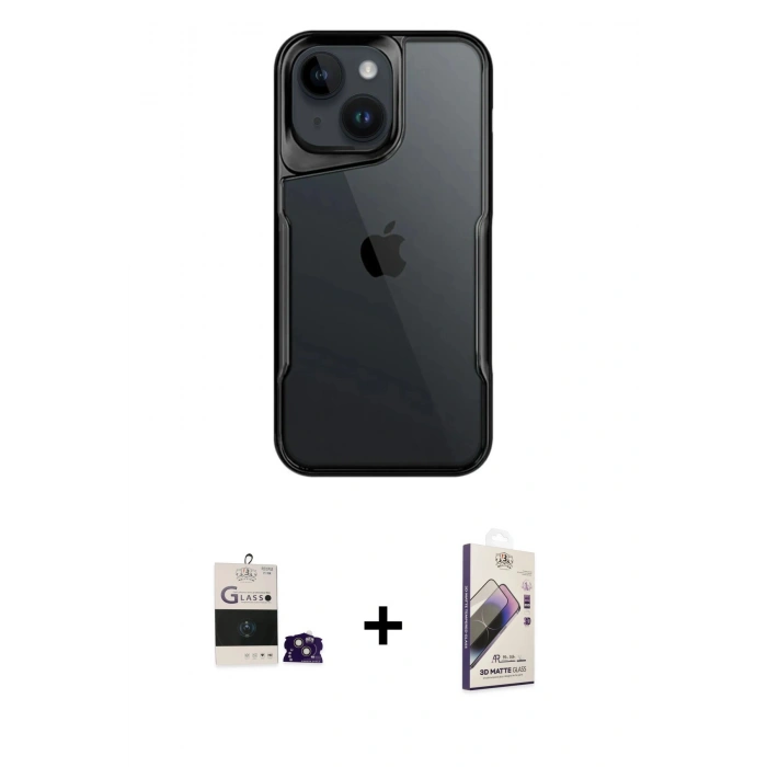 MARSİLYAN™- iPhone 15 Kılıf Akış Çizgi Koleksiyonu - Siyah Bilvis 3D Mat Cam Ekran Koruyucu + Bilvis Titan Kamera Lens - PE