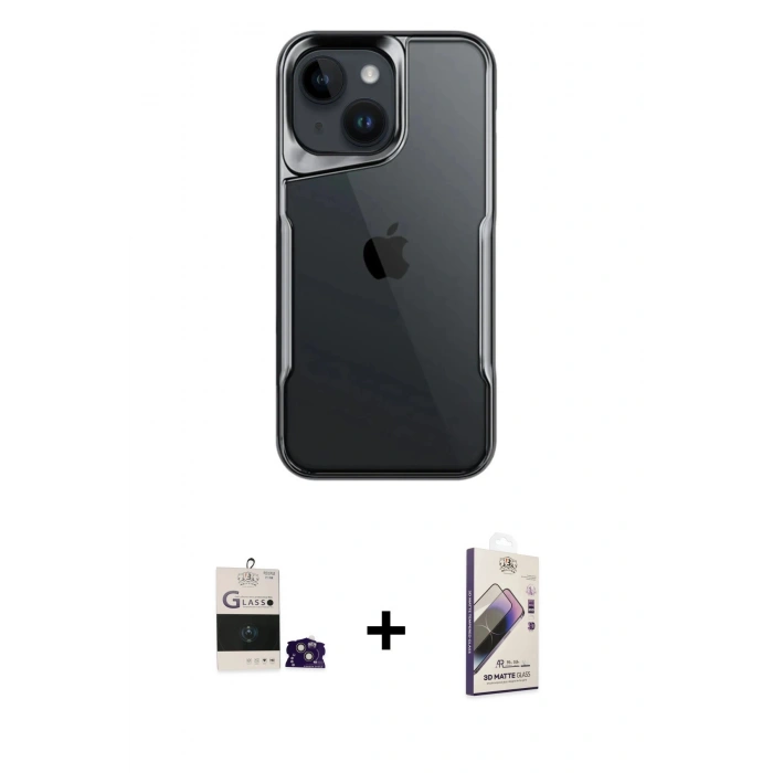 MARSİLYAN™- iPhone 15 Kılıf Akış Çizgi Koleksiyonu - Siyah Bilvis 3D Mat Cam Ekran Koruyucu + Bilvis Titan Kamera Lens - PE