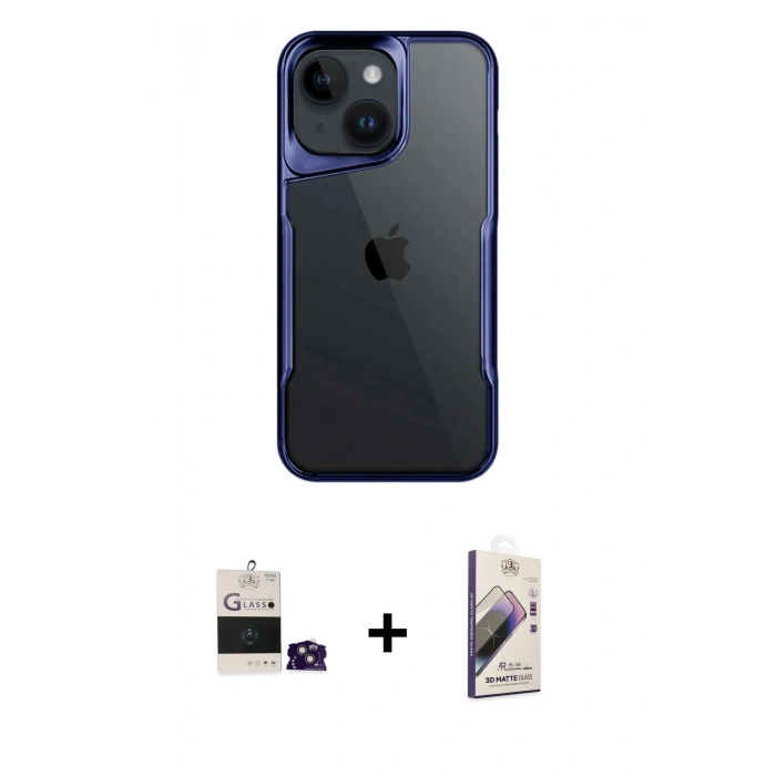MARSİLYAN™- iPhone 15 Kılıf Akış Çizgi Koleksiyonu - Siyah Bilvis 3D Mat Cam Ekran Koruyucu + Bilvis Titan Kamera Lens - PE