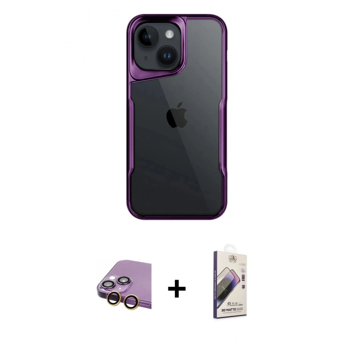 MARSİLYAN™- iPhone 15 Kılıf Akış Çizgi Koleksiyonu - Siyah Bilvis 3D Mat Cam Ekran Koruyucu + Raze Metal Kamera Lens - SI