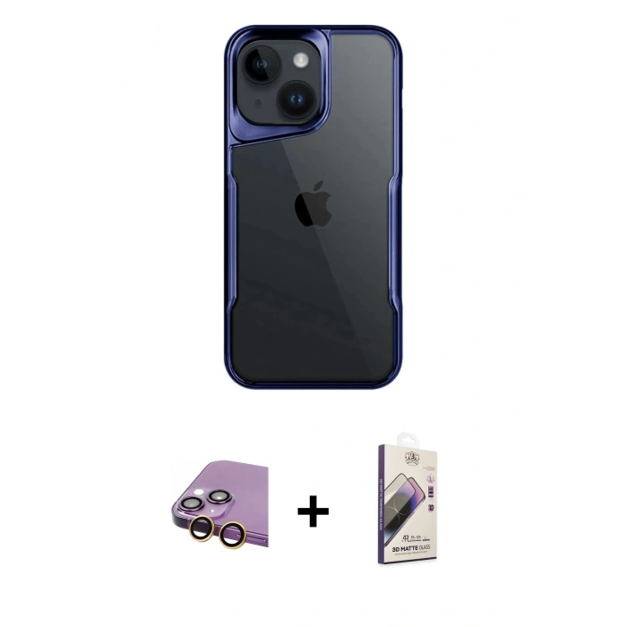 MARSİLYAN™- iPhone 15 Kılıf Akış Çizgi Koleksiyonu - Siyah Bilvis 3D Mat Cam Ekran Koruyucu + Raze Metal Kamera Lens - SI