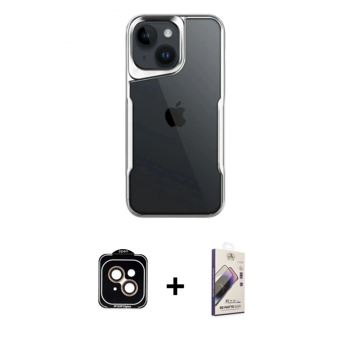 MARSİLYAN™- iPhone 15 Kılıf Akış Çizgi Koleksiyonu - Siyah Bilvis 3D Mat Cam Ekran Koruyucu + PVD Metal Kamera Lens - TU