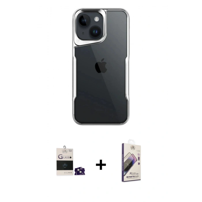 MARSİLYAN™- iPhone 15 Kılıf Akış Çizgi Koleksiyonu - Siyah Bilvis 3D Mat Cam Ekran Koruyucu + Bilvis Titan Kamera Lens - YL