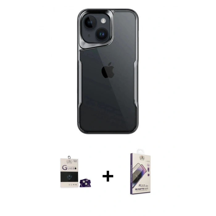 MARSİLYAN™- iPhone 15 Kılıf Akış Çizgi Koleksiyonu - Siyah Bilvis 3D Mat Cam Ekran Koruyucu + Bilvis Titan Kamera Lens - YL