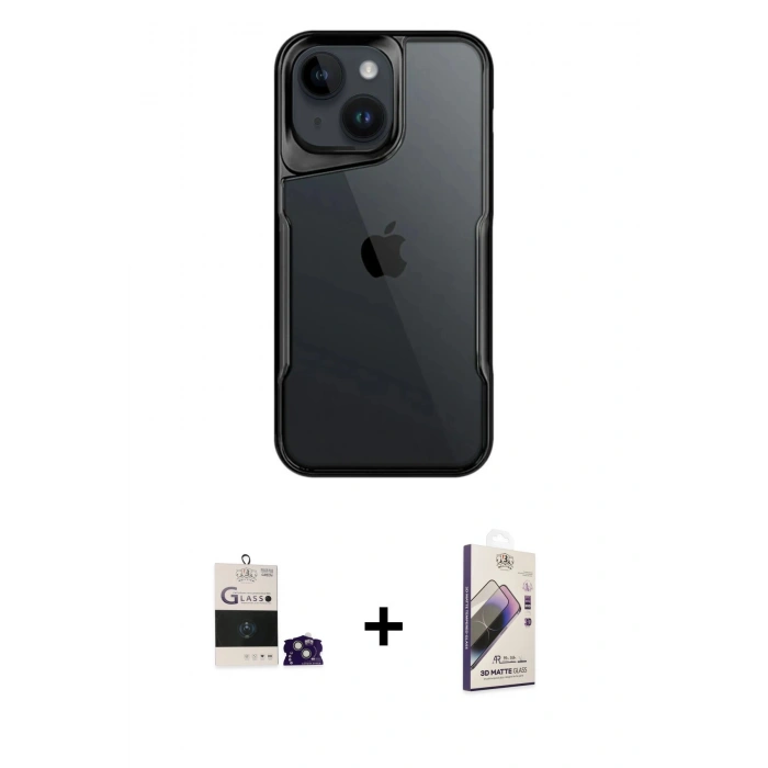 MARSİLYAN™- iPhone 15 Kılıf Akış Çizgi Koleksiyonu - Siyah Bilvis 3D Mat Cam Ekran Koruyucu + Bilvis Titan Kamera Lens - YL
