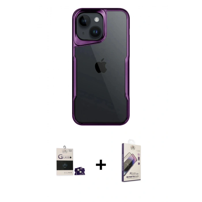 MARSİLYAN™- iPhone 15 Kılıf Akış Çizgi Koleksiyonu - Siyah Bilvis 3D Mat Cam Ekran Koruyucu + Bilvis Titan Kamera Lens - YL