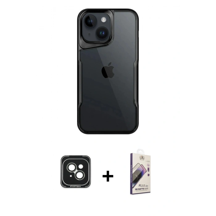 MARSİLYAN™- iPhone 15 Kılıf Akış Çizgi Koleksiyonu - Siyah Bilvis 3D Mat Cam Ekran Koruyucu + PVD Metal Kamera Lens - YL