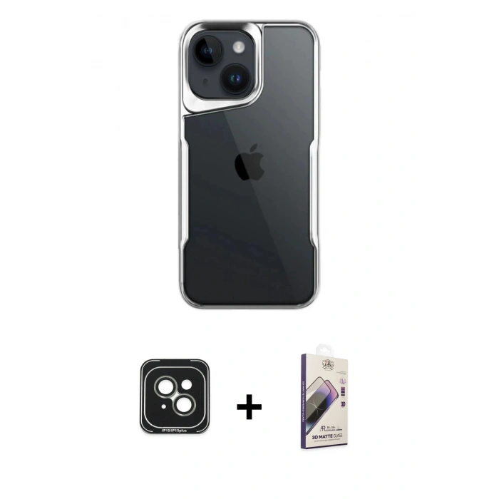 MARSİLYAN™- iPhone 15 Kılıf Akış Çizgi Koleksiyonu - Siyah Bilvis 3D Mat Cam Ekran Koruyucu + PVD Metal Kamera Lens - YL