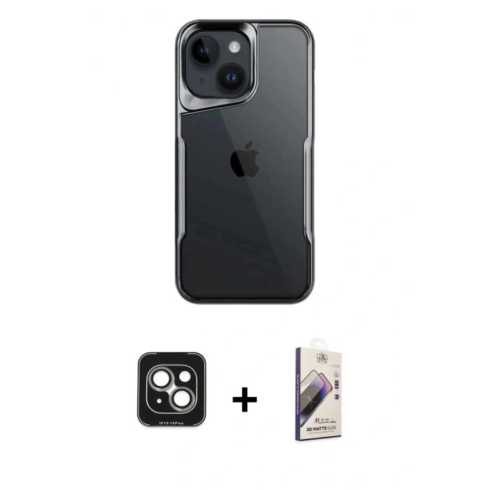 MARSİLYAN™- iPhone 15 Kılıf Akış Çizgi Koleksiyonu - Siyah Bilvis 3D Mat Cam Ekran Koruyucu + PVD Metal Kamera Lens - YL