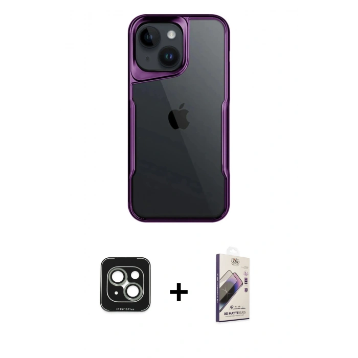 MARSİLYAN™- iPhone 15 Kılıf Akış Çizgi Koleksiyonu - Siyah Bilvis 3D Mat Cam Ekran Koruyucu + PVD Metal Kamera Lens - YL
