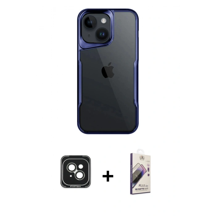 MARSİLYAN™- iPhone 15 Kılıf Akış Çizgi Koleksiyonu - Siyah Bilvis 3D Mat Cam Ekran Koruyucu + PVD Metal Kamera Lens - YL