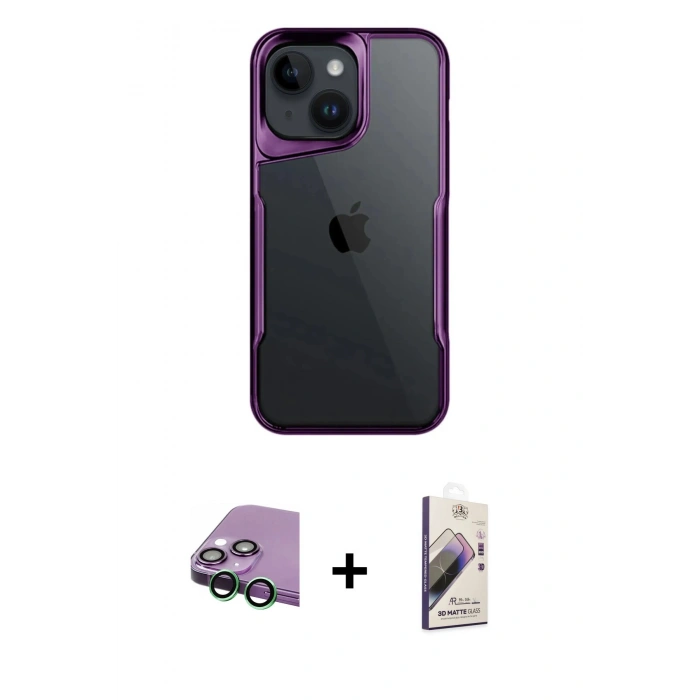 MARSİLYAN™- iPhone 15 Kılıf Akış Çizgi Koleksiyonu - Siyah Bilvis 3D Mat Cam Ekran Koruyucu + Raze Metal Kamera Lens - YL