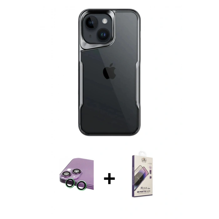 MARSİLYAN™- iPhone 15 Kılıf Akış Çizgi Koleksiyonu - Siyah Bilvis 3D Mat Cam Ekran Koruyucu + Raze Metal Kamera Lens - YL