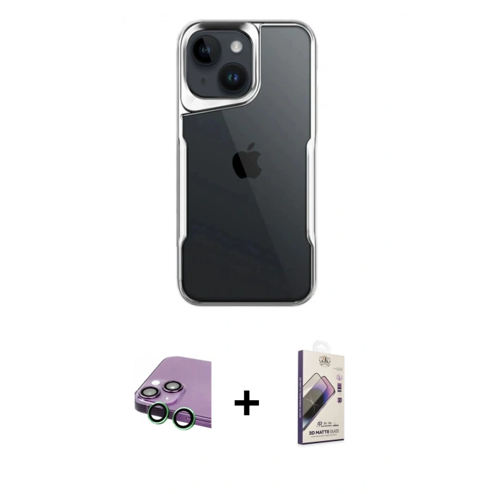 MARSİLYAN™- iPhone 15 Kılıf Akış Çizgi Koleksiyonu - Siyah Bilvis 3D Mat Cam Ekran Koruyucu + Raze Metal Kamera Lens - YL