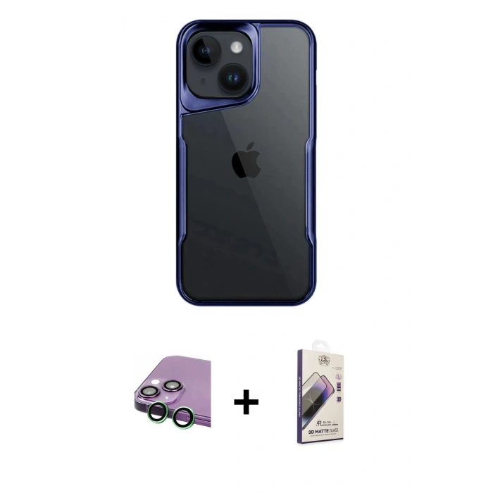 MARSİLYAN™- iPhone 15 Kılıf Akış Çizgi Koleksiyonu - Siyah Bilvis 3D Mat Cam Ekran Koruyucu + Raze Metal Kamera Lens - YL